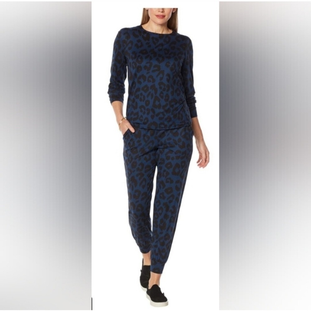 LounGy by Giuliana Women's XL Knit 2-piece Set Blue Black Print Midnight Leopard
